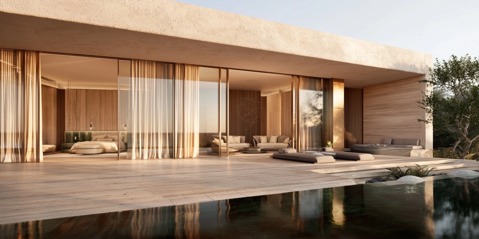 Ultra-luxury eye-level interior-exterior render of the master bedroom suite of a private Al Jubail m