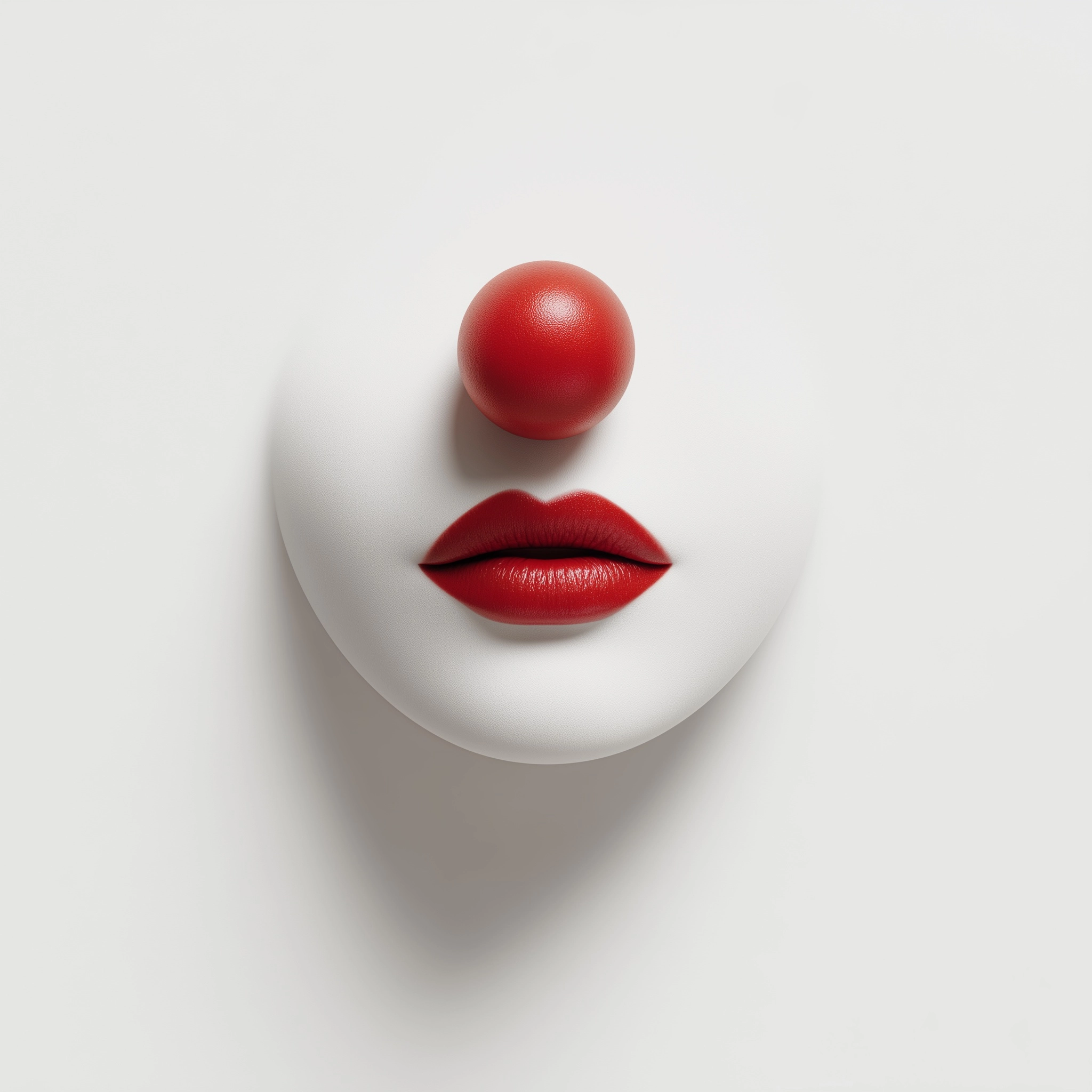 Ultra-minimal digital illustration of a red clown nose and red lips floating on a pure white backgro
