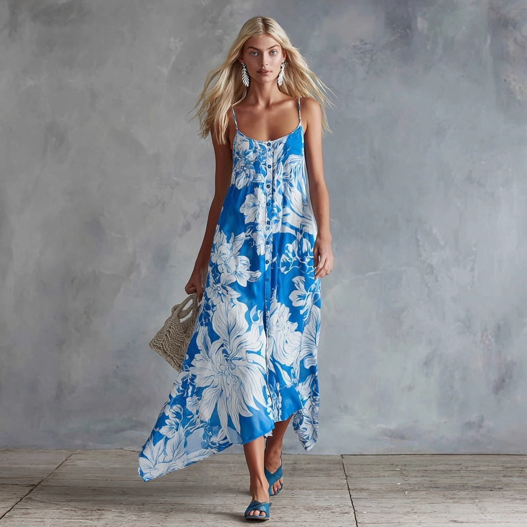 A full-body shot (feet visible): The model is wearing a very loose-fitting