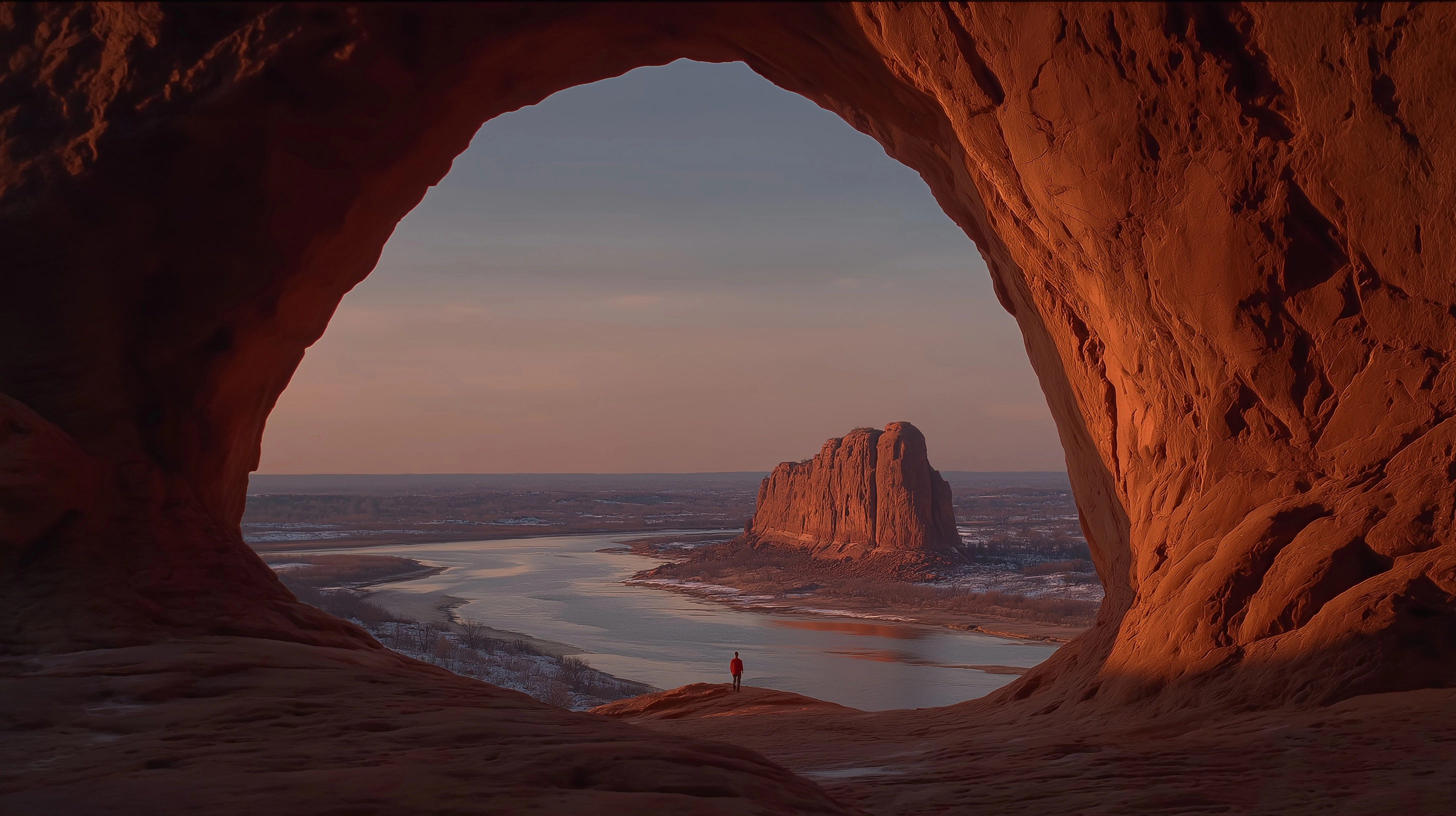 Wide cinematic scene, subject small in frame, expansive environment, balanced composition