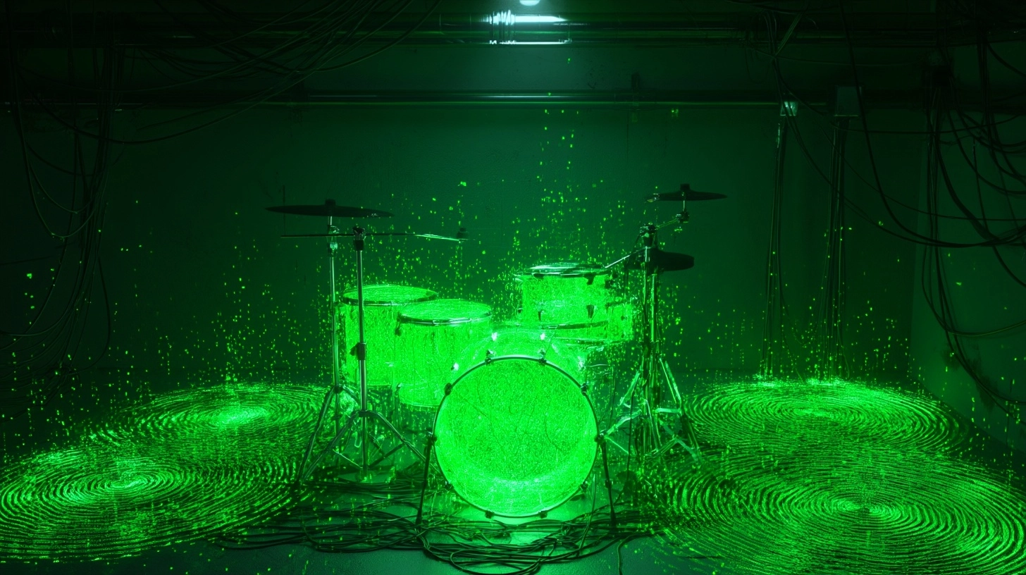 Cyberpunk drumkit glowing green, surrounded by cables and signal pulses, dark industrial room