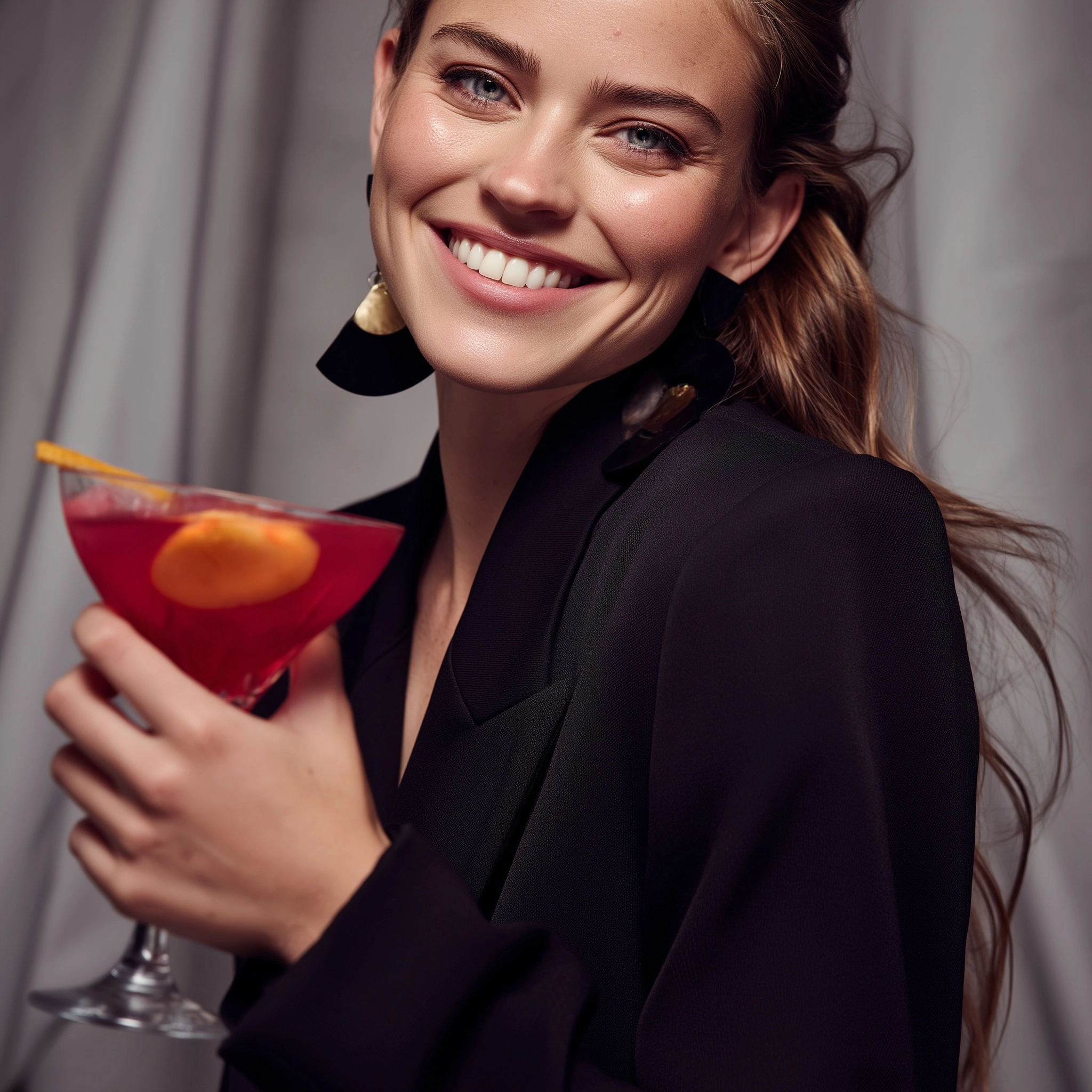 Portrait of a stylish woman holding a cocktail, smiling naturally, modern blazer, bold earrings