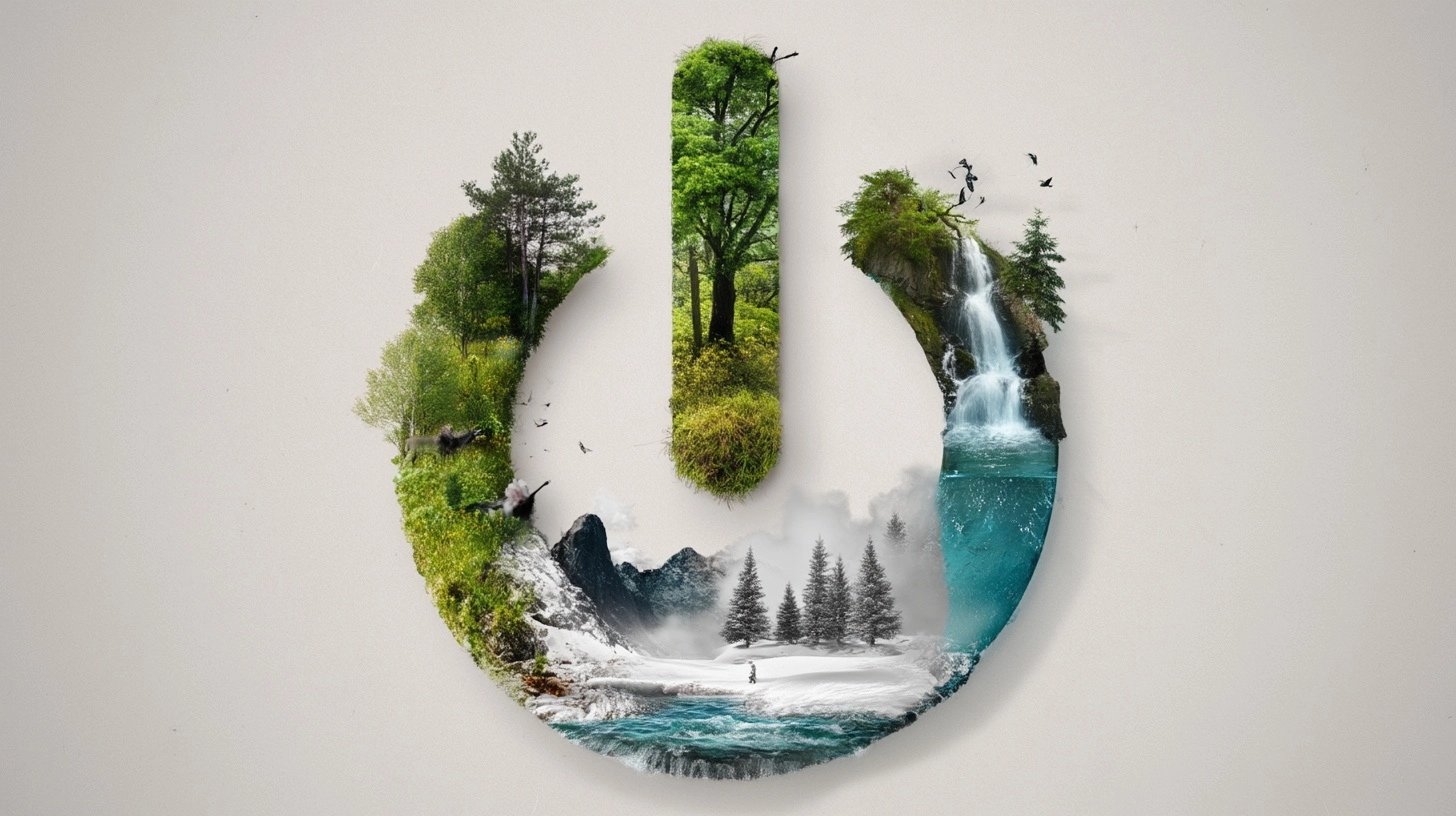 The power button made out of nature, grass, trees, water fall or sea, mountain