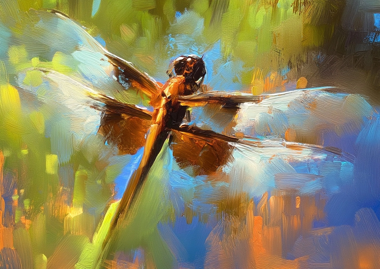 A large dragonfly , impasto, lighter extended background swamp