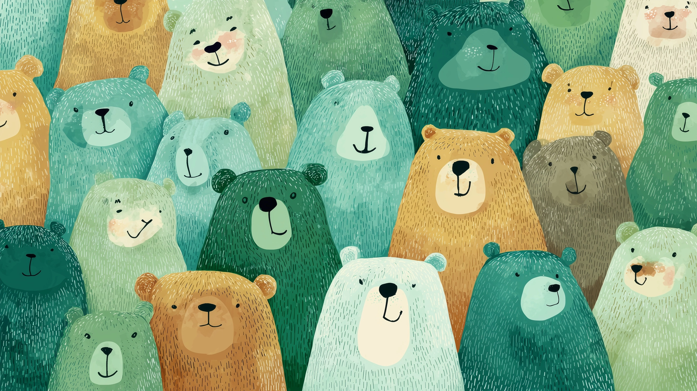 In the center of the frame there are many large bears