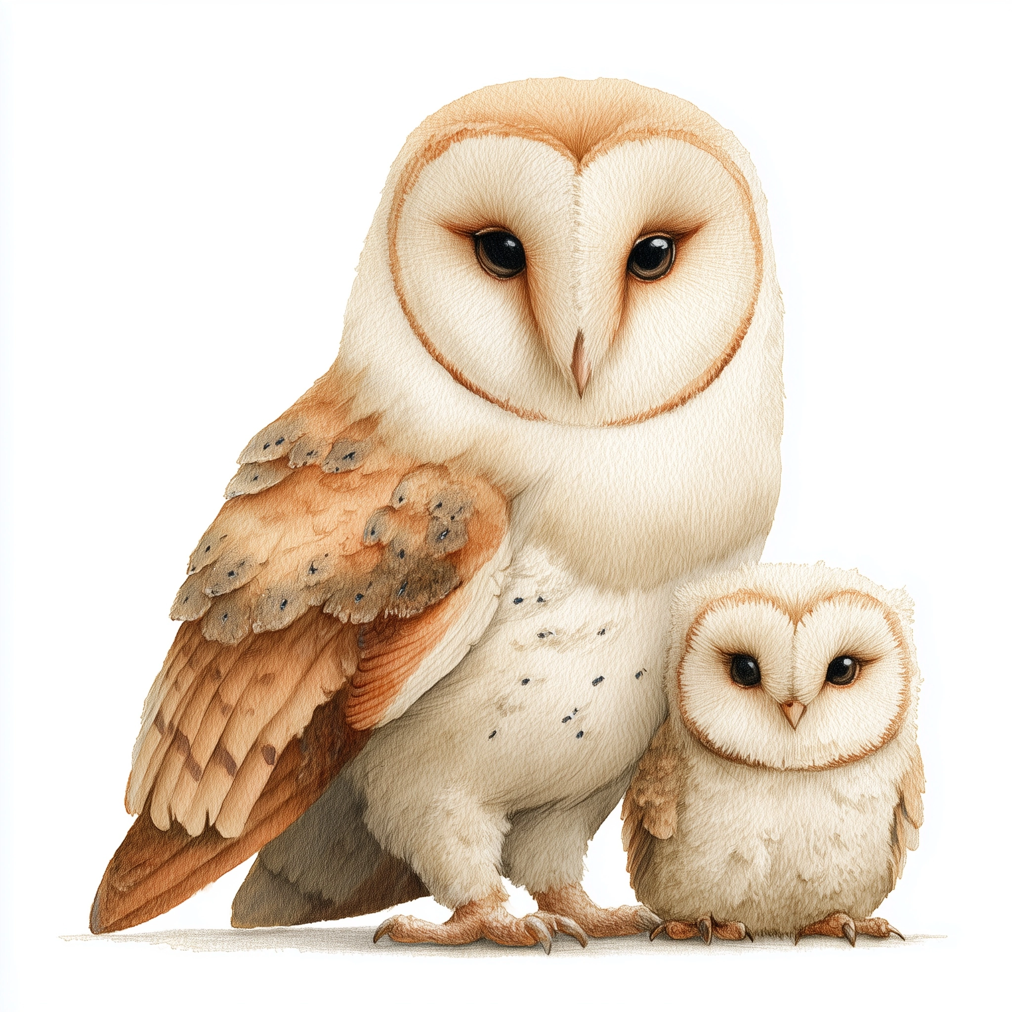 Watercolor illustration of a mother owl sitting with a small owlet beside her