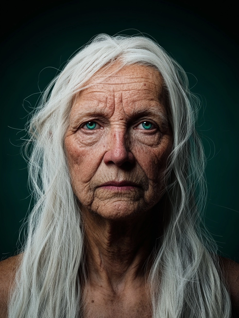 Ultra-realistic medium portrait of old woman with long white hair]