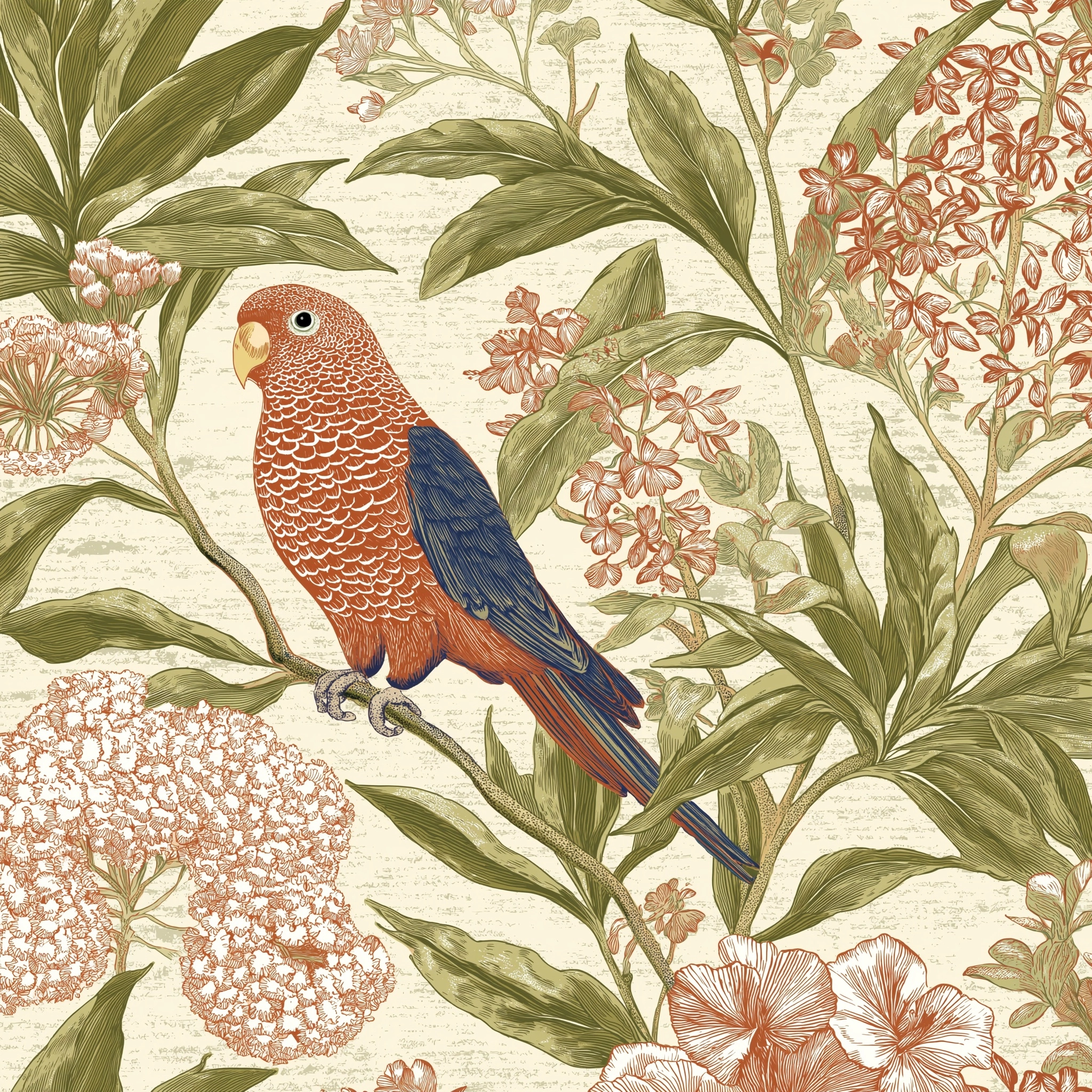 Vintage botanical textile pattern, detailed floral wallpaper with tropical plants and flowers