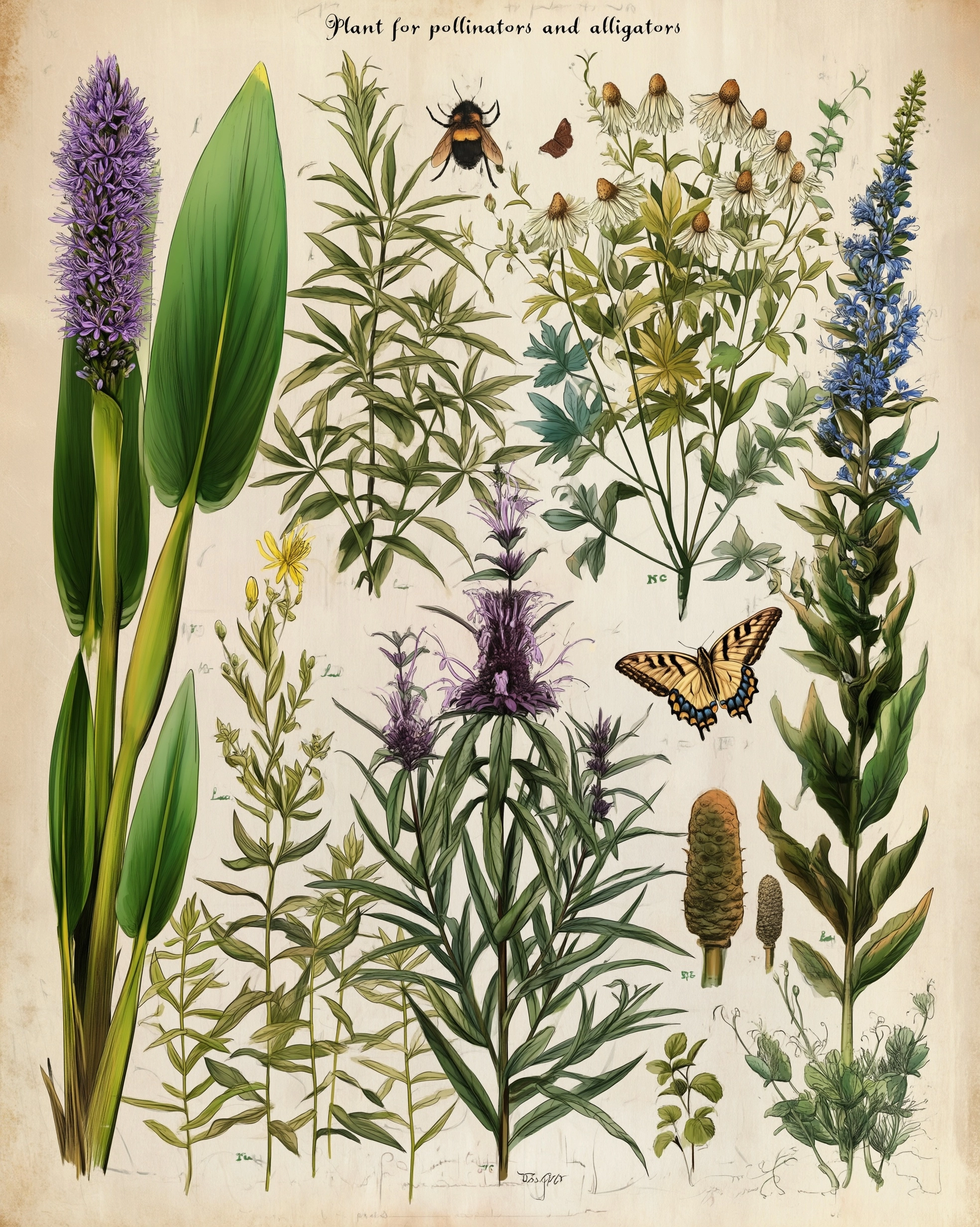 Vintage botany style. "Plant for pollinators and alligators"