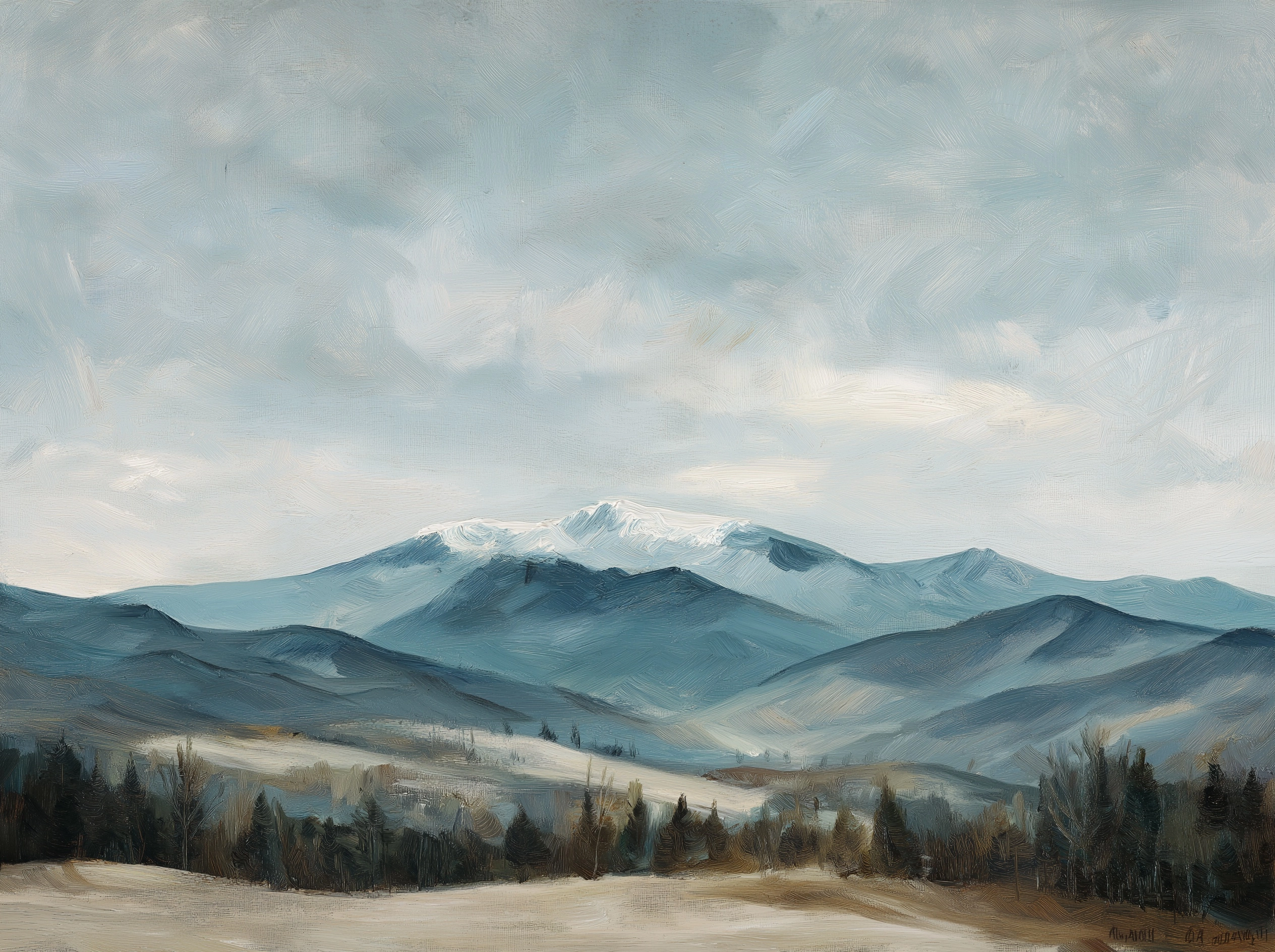 Vintage oil painting of snowy mountains in the distance