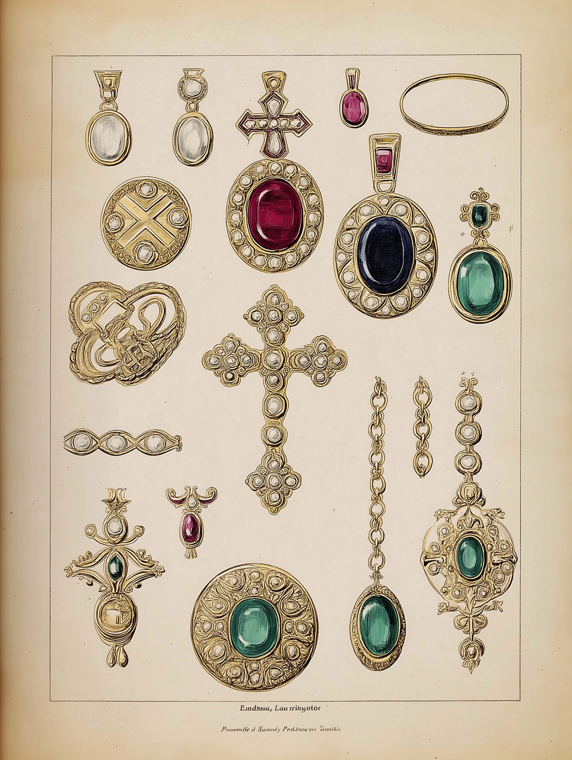 Vintage style illustration of charms and broaches with emeralds on a white ground