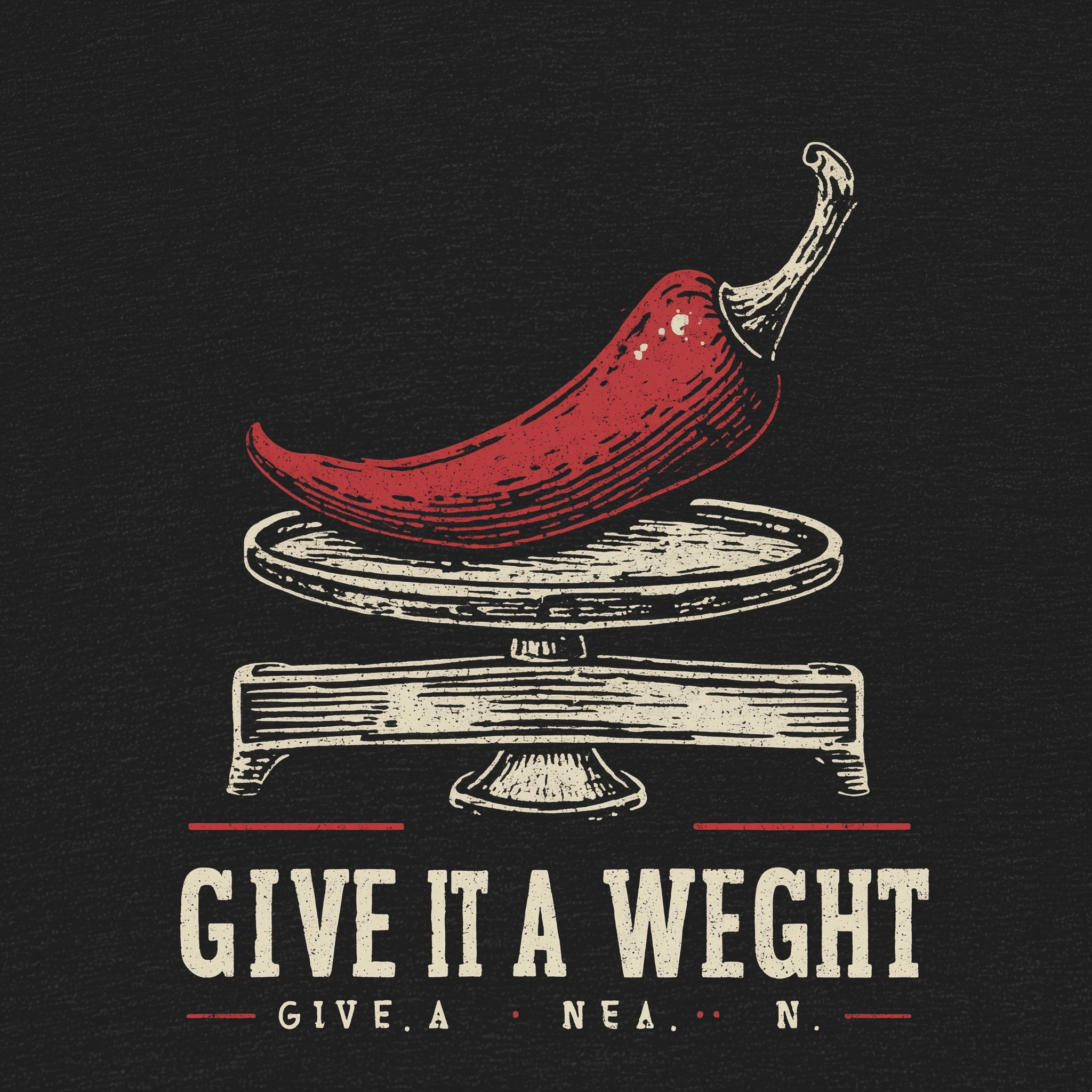Vintage t-shirt design featuring a centered line art illustration of a red chili pepper resting on a