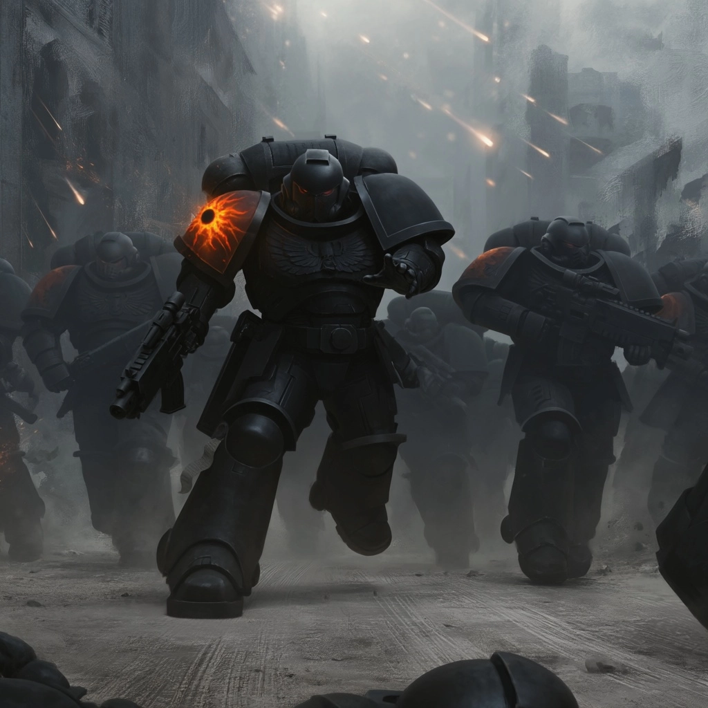 Warhammer 40k Hyper realistic squad of Space Marine Librarians in all black armor. Mid stride. The l