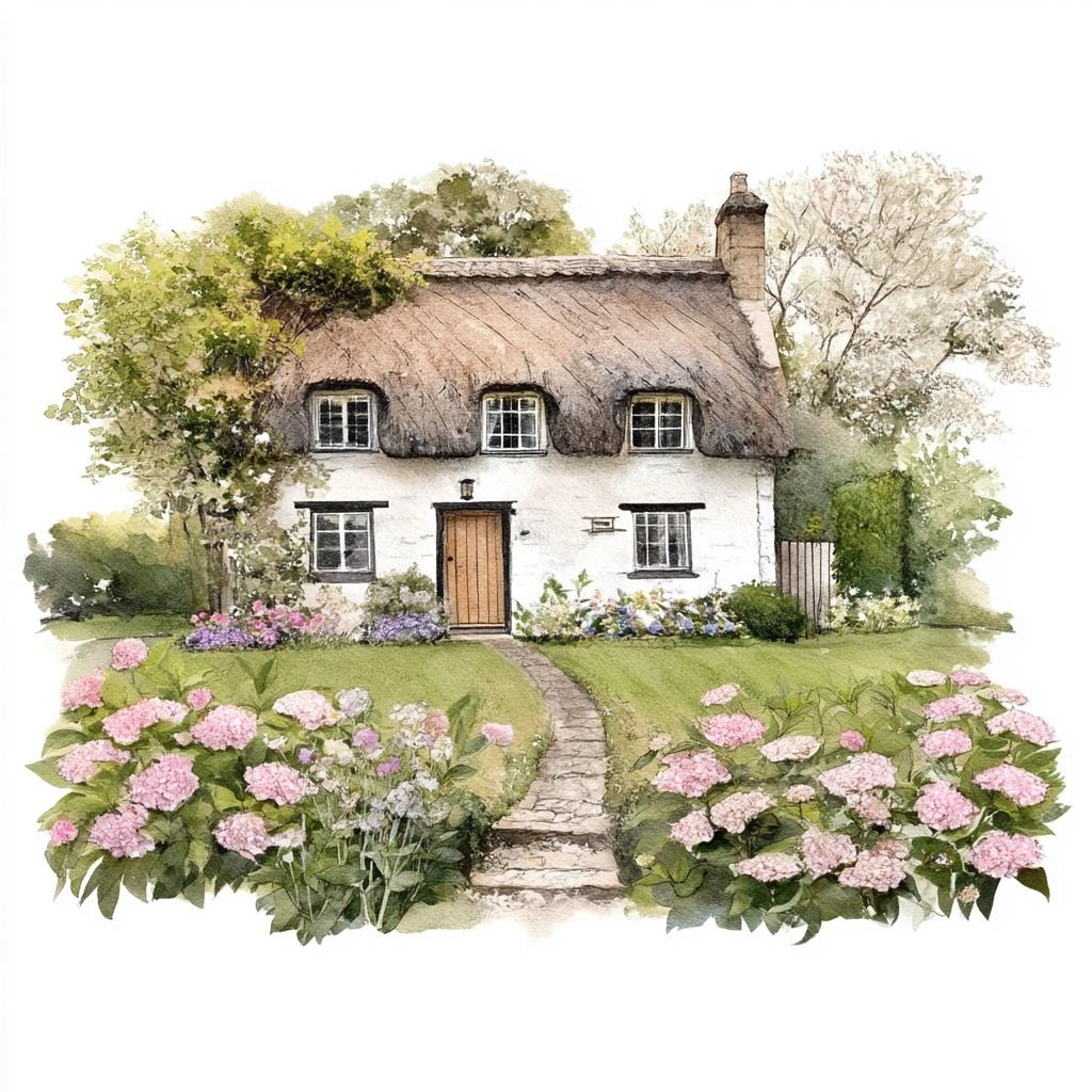 Watercolor illustration of a charming cottage house, soft vintage pastel colors