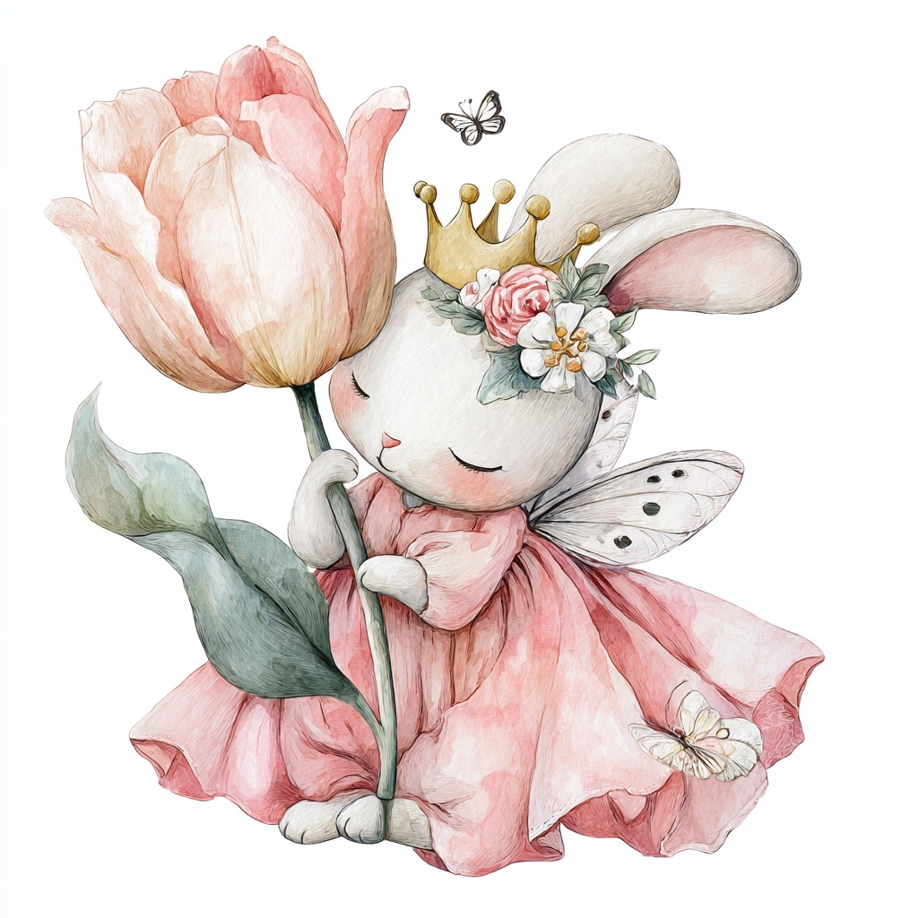 Watercolor nursery clipart, a cute bunny in a pink dress with butterfly wings is sleeping on a big f