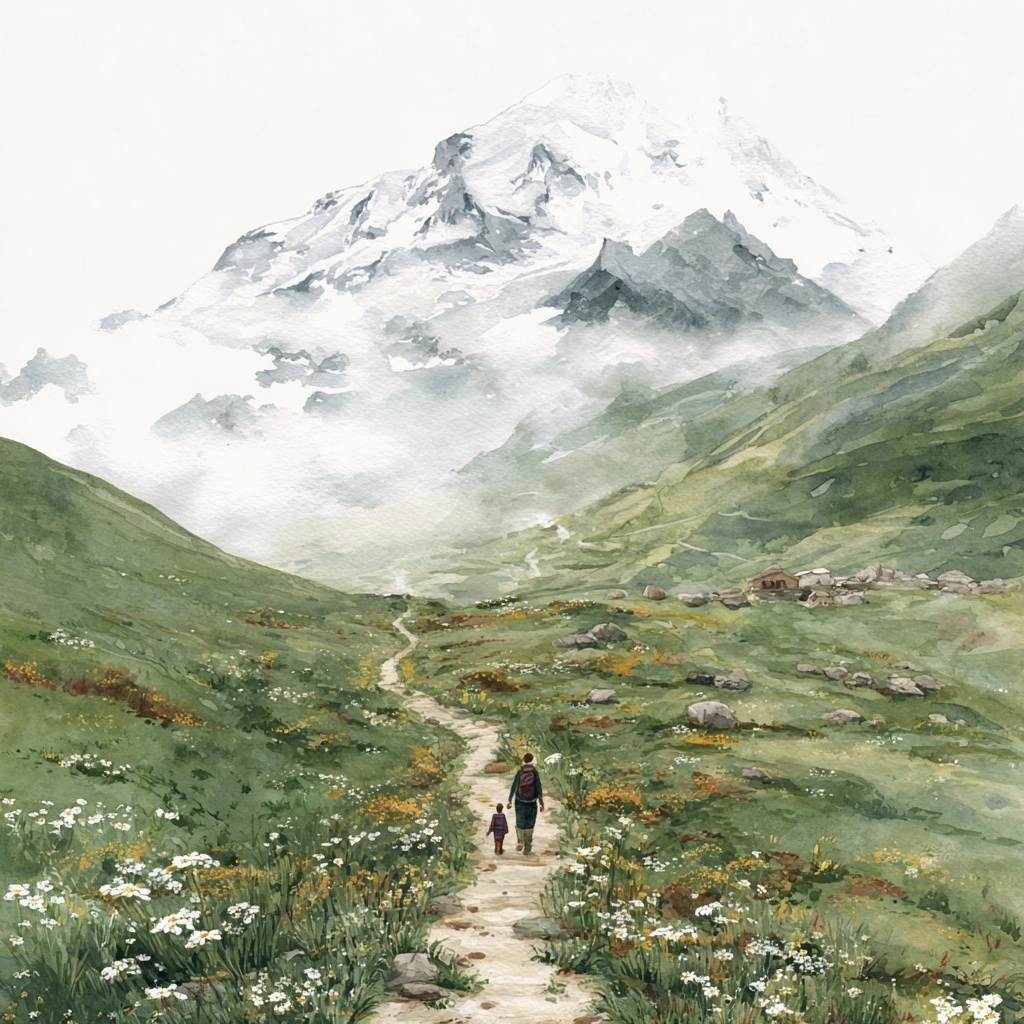 Watercolor painting of a couple hiking in the mountains of china