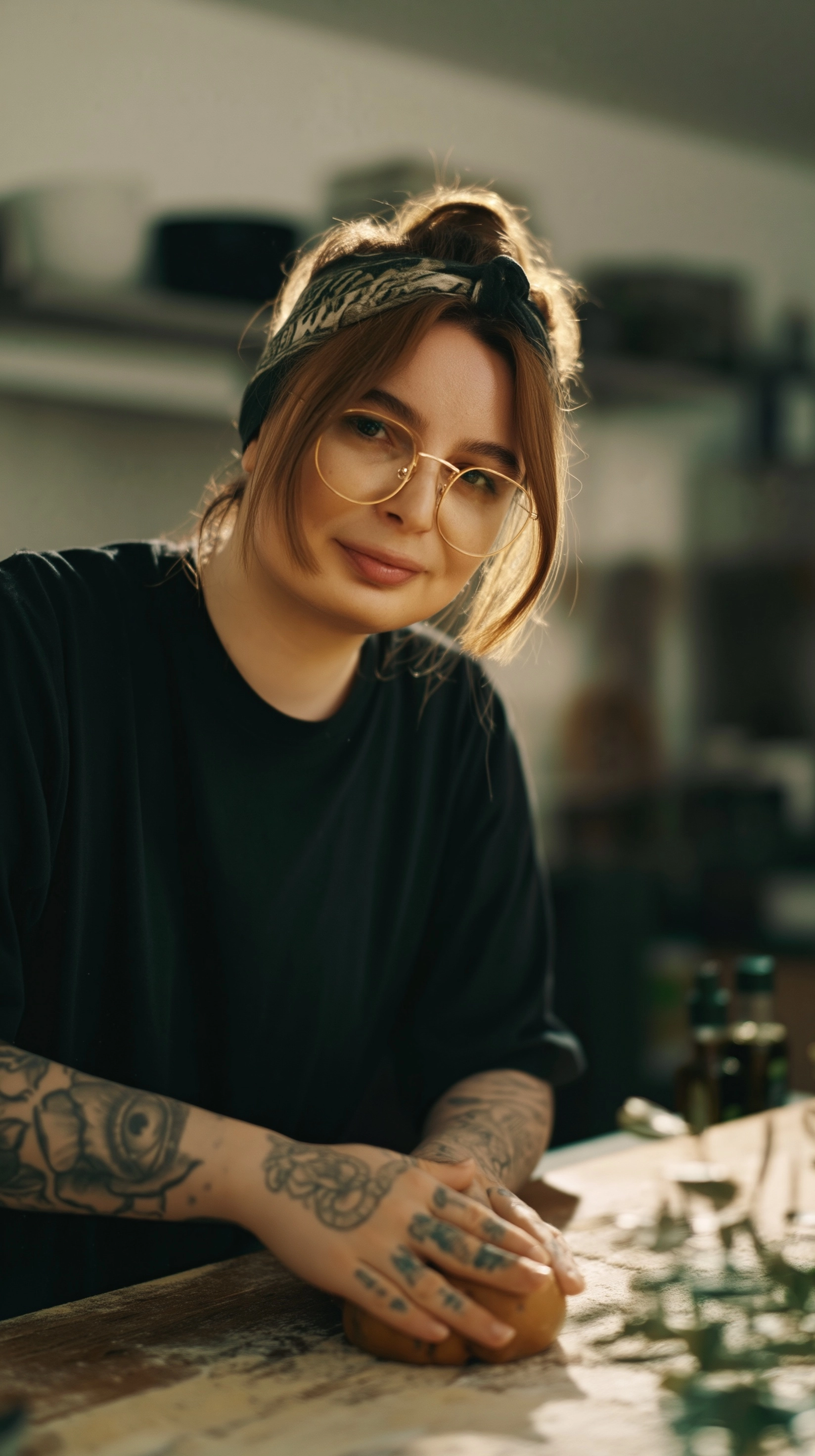 Young millennial female baker kneading pastries on a rustic counter, visible hand tattoos