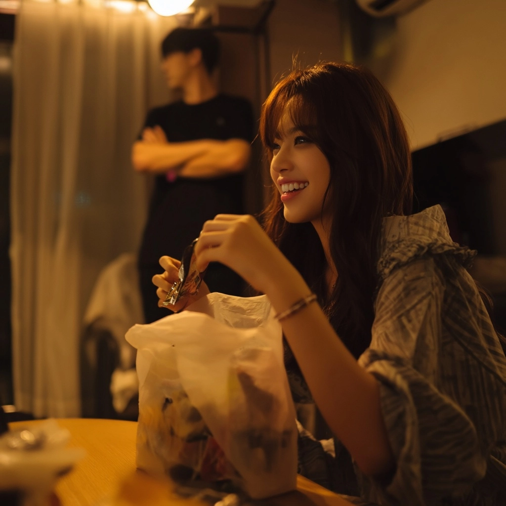 Korean teenager excitedly pulling snacks from a convenience store plastic bag at home