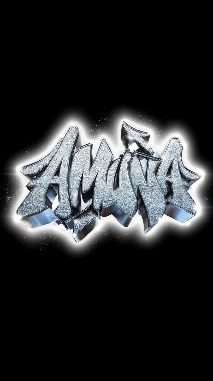 AMUNA graffiti tag calligrafy typography, diamond glitter letters, rhinestone studded text