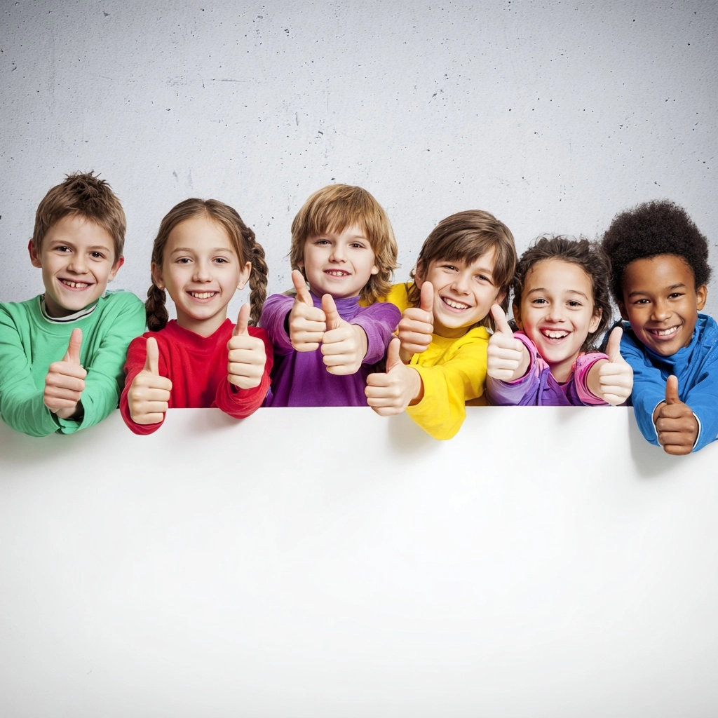 Kids from 10 years old in colorfull clothes with their thumbs up showing a large white banner