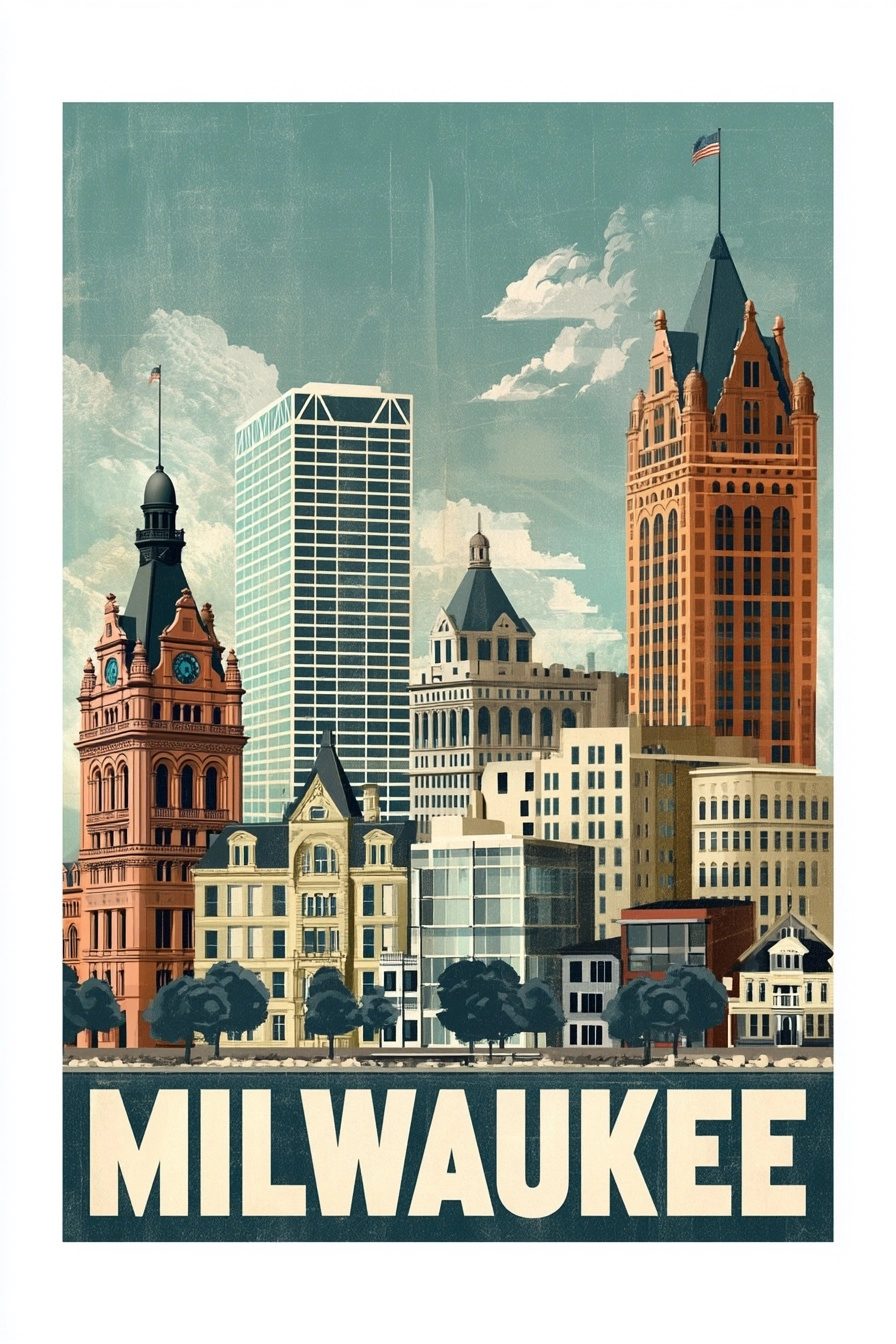 Vintage poster Milwaukee, lakefront skyline and historic buildings, cool tones