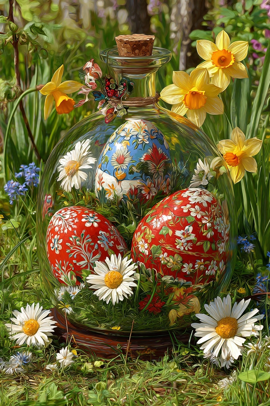 Hyperrealistic easter eggs inside of a bottle in the garden, cozy feeling, bright light.