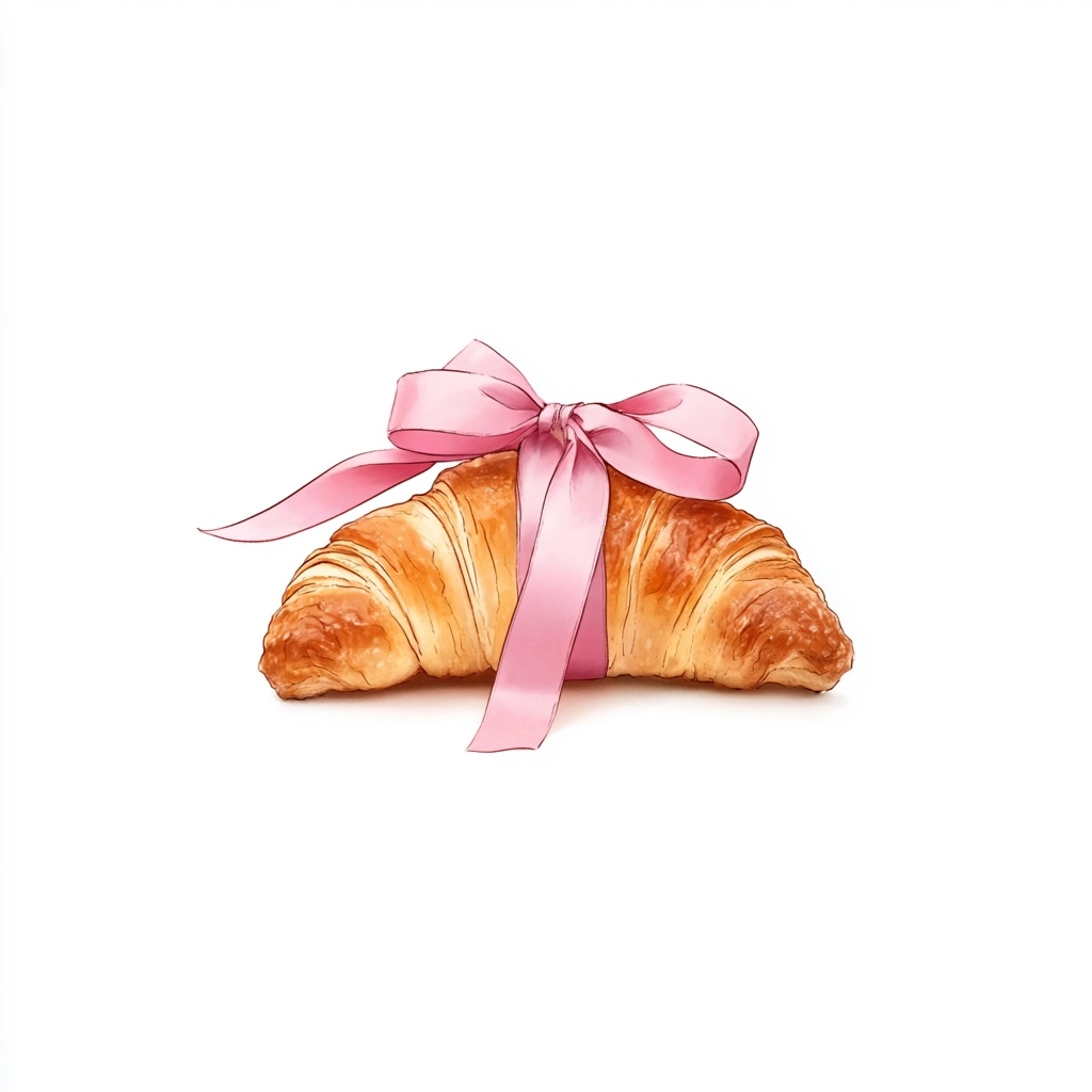 A croissant with a long pink bow attached on top, the bow's ends flowing delicately