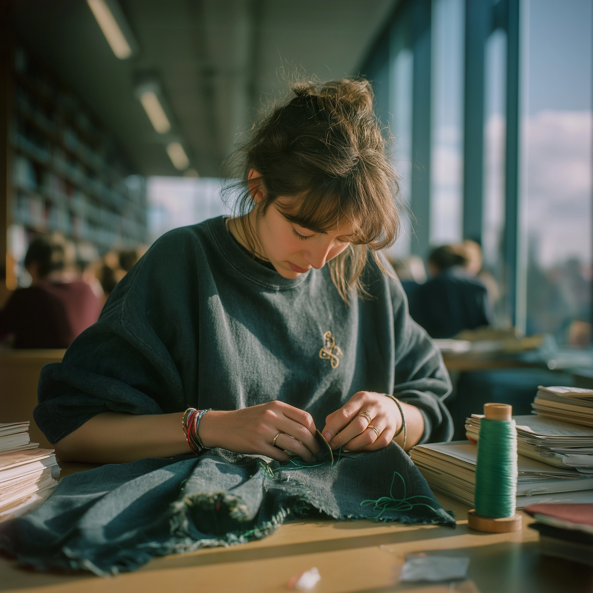 Candid documentary photograph of a person mending clothes, imperfect hands sewing a worn garment