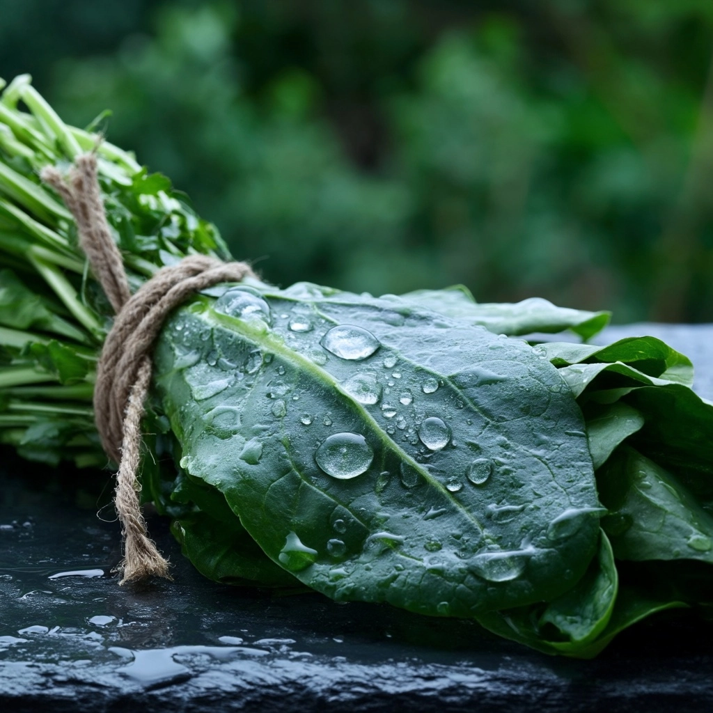 Close-up of a fresh bunch of wild garlic, arugula, and young spinach