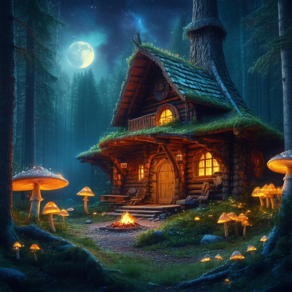 Mystical Cabin Among Glowing Forest Mushrooms