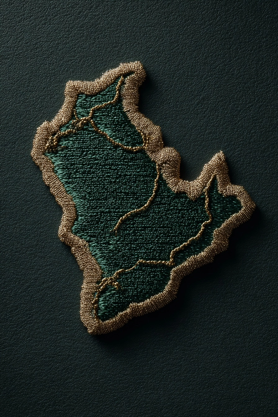 A green map of Saudi Arabia with a gold outline, designed as a realistic embroidered fabric patch ma