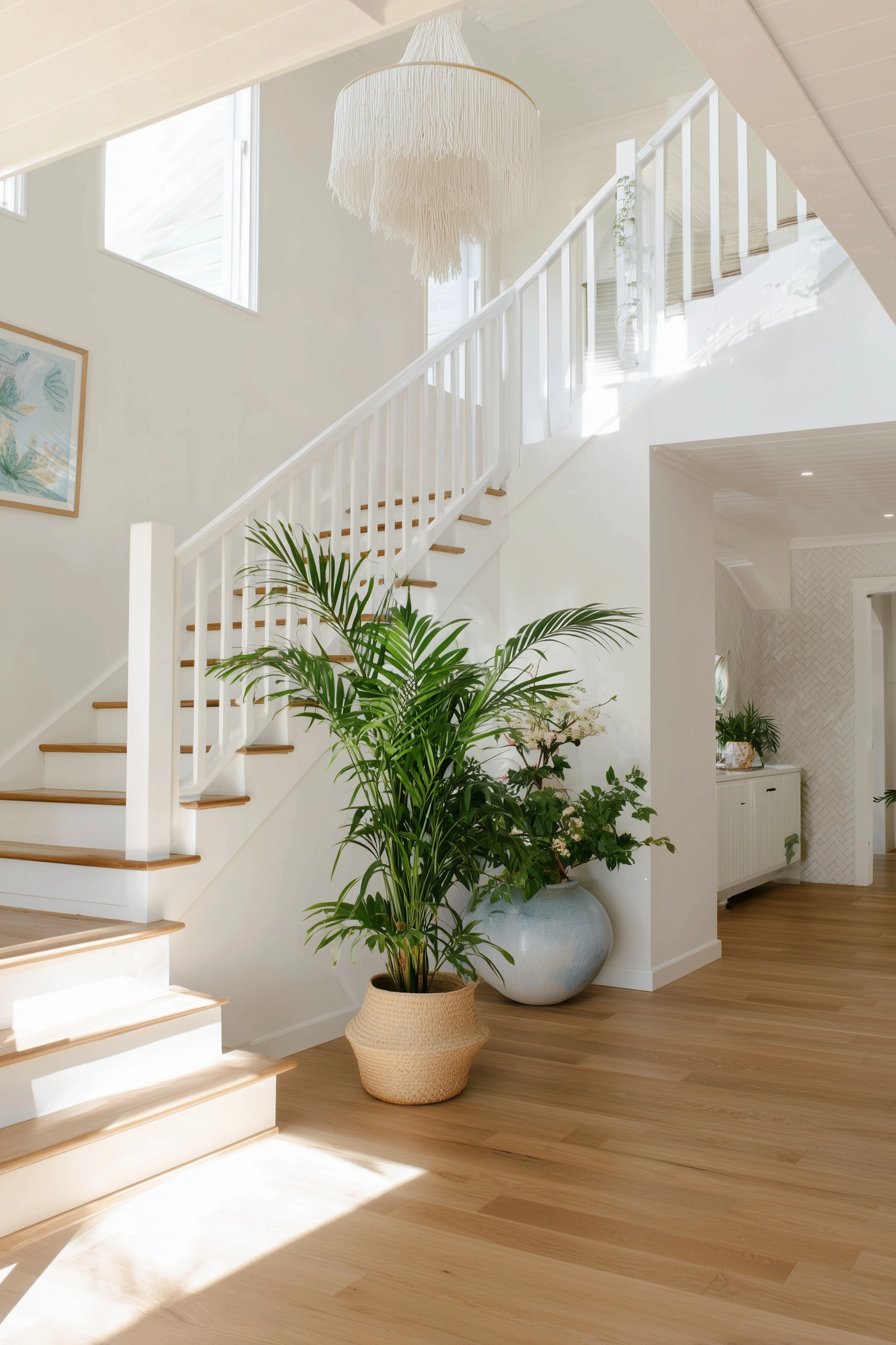 A white staircase with wooden flooring, white walls
