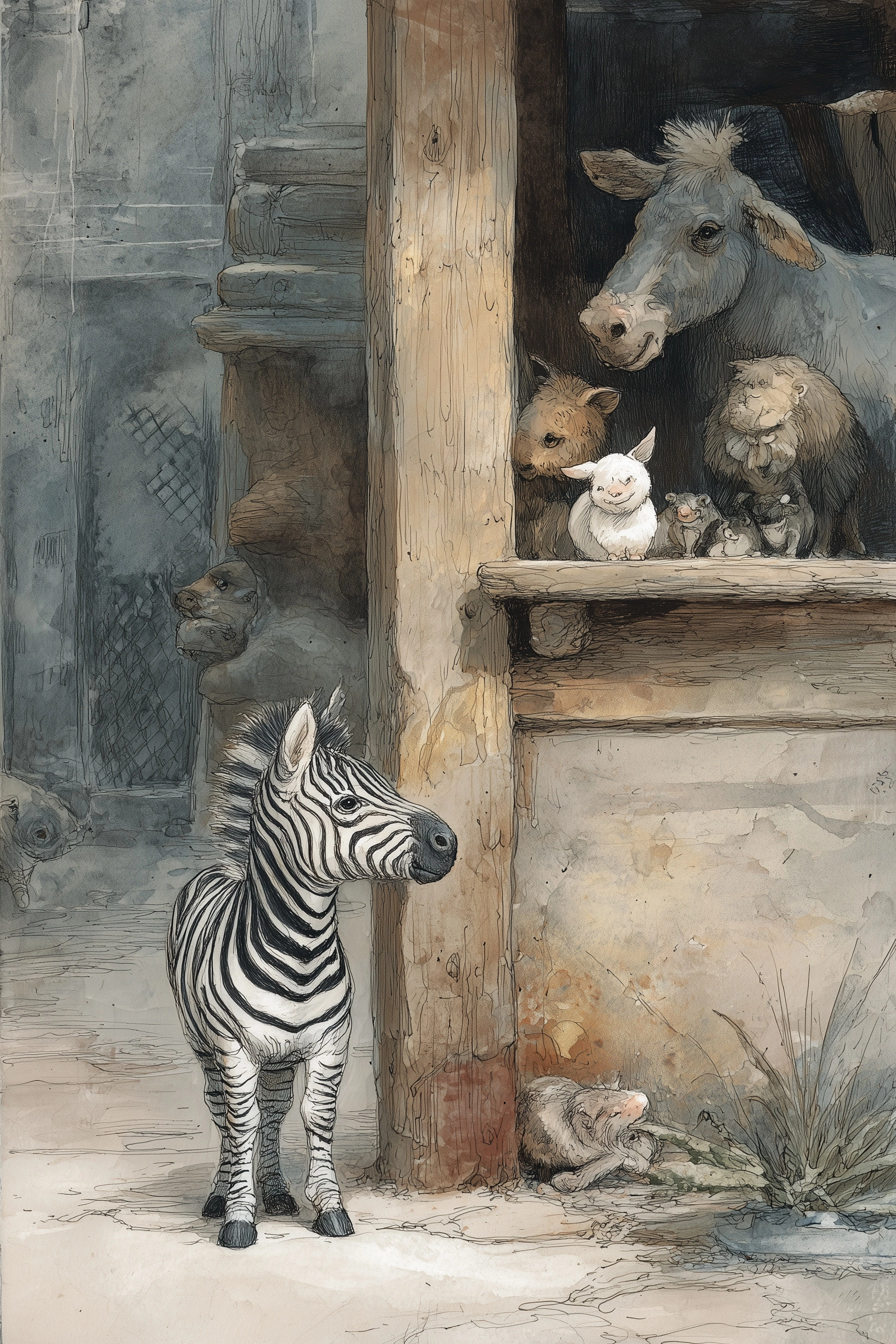 Painting by jean - baptiste monge of a small cute zebra and zoo animals at the zoo