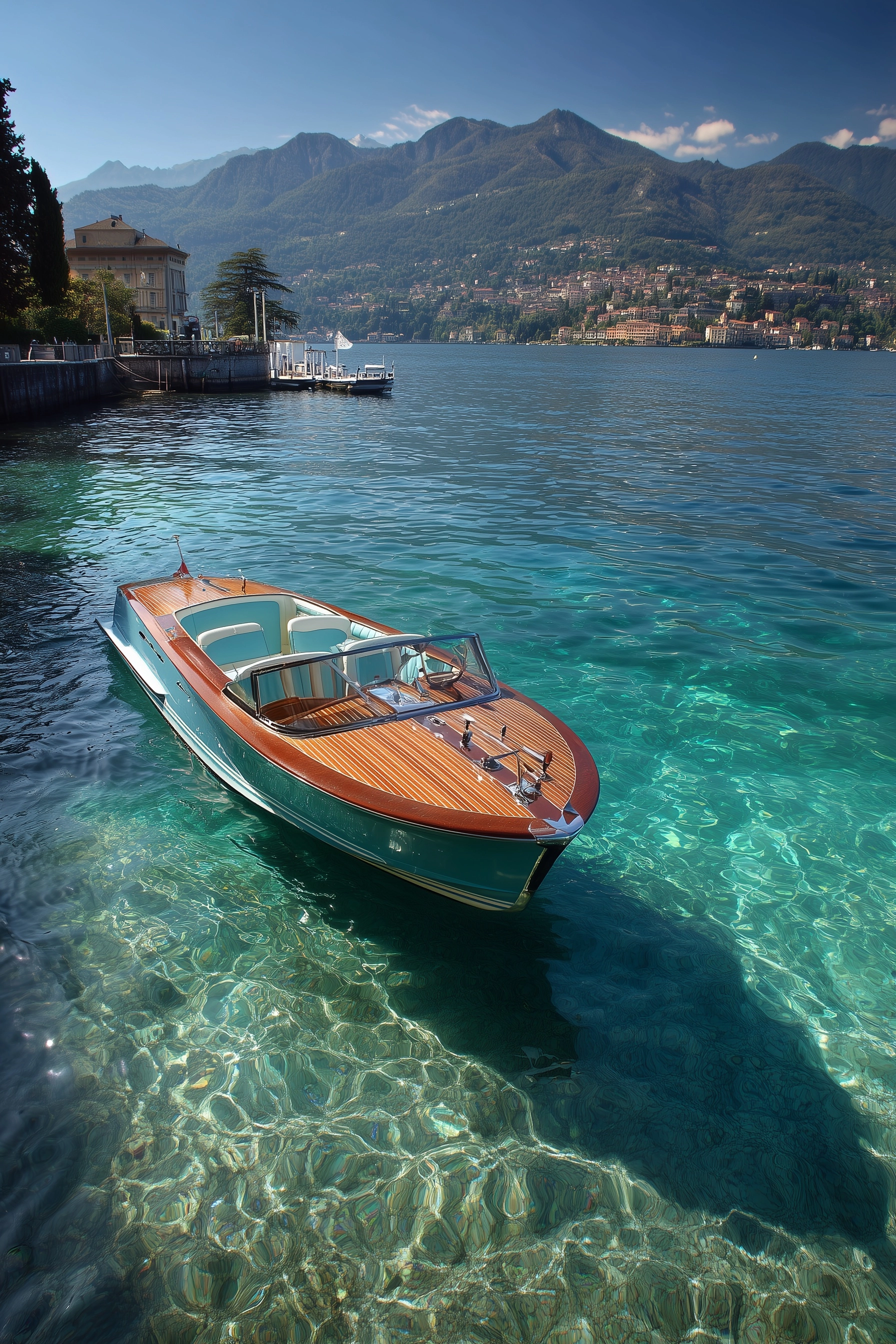 Riva boat on lake como, realtistic photo, travel magazine