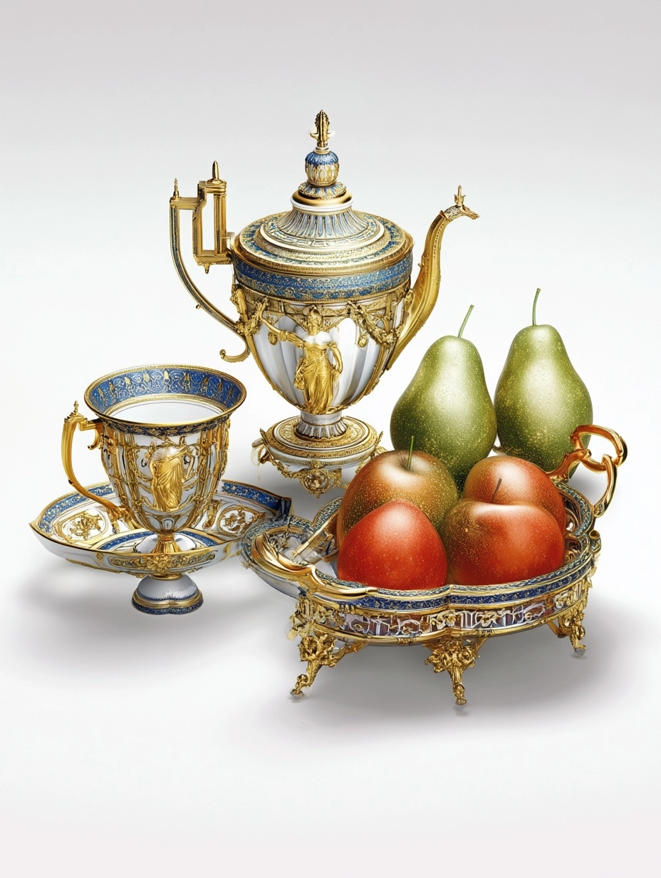 [An ornate porcelain tea set with fruits arranged beside it in a royal still life composition]