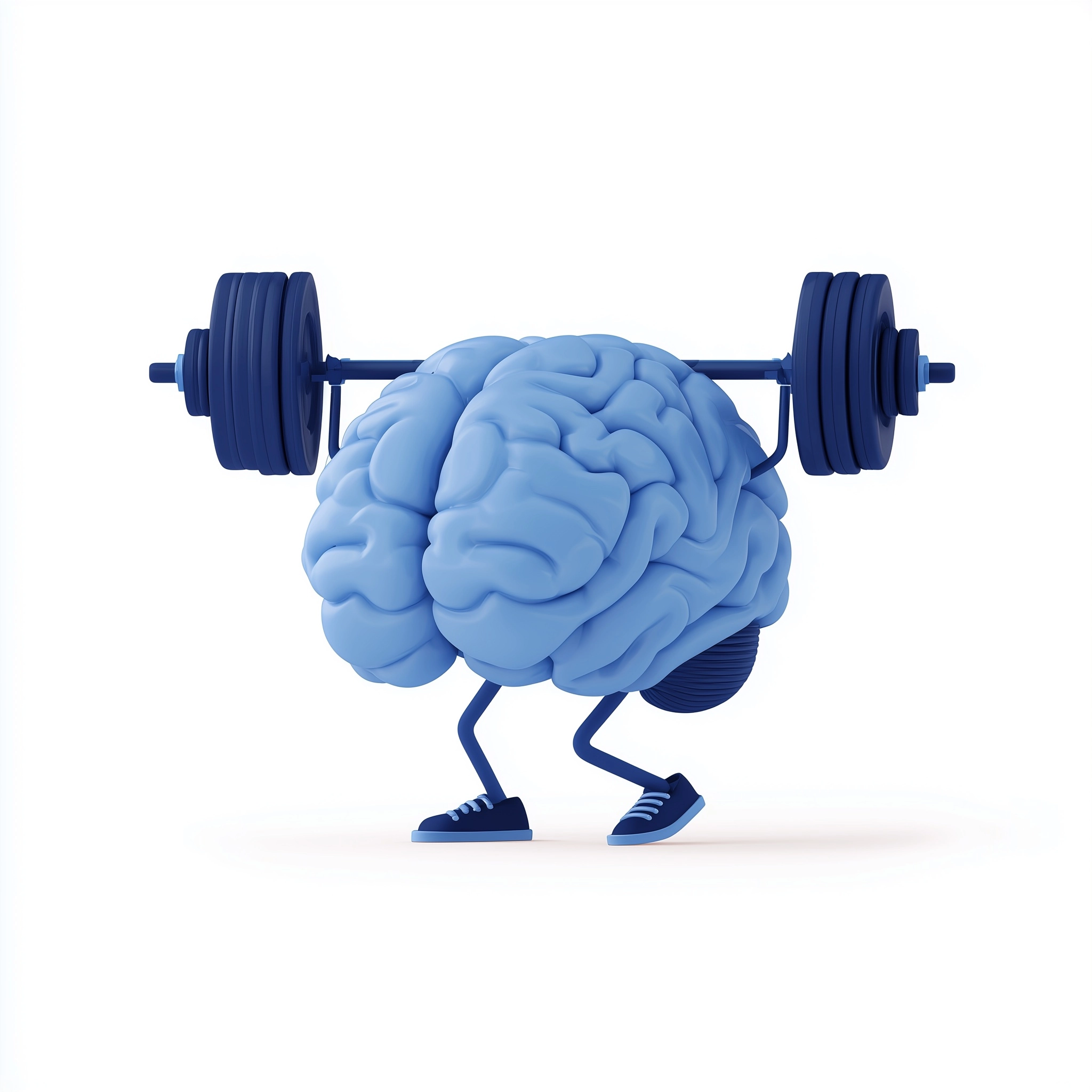 Brain lifting weights, 2d illustration, white background, blue flat illustration