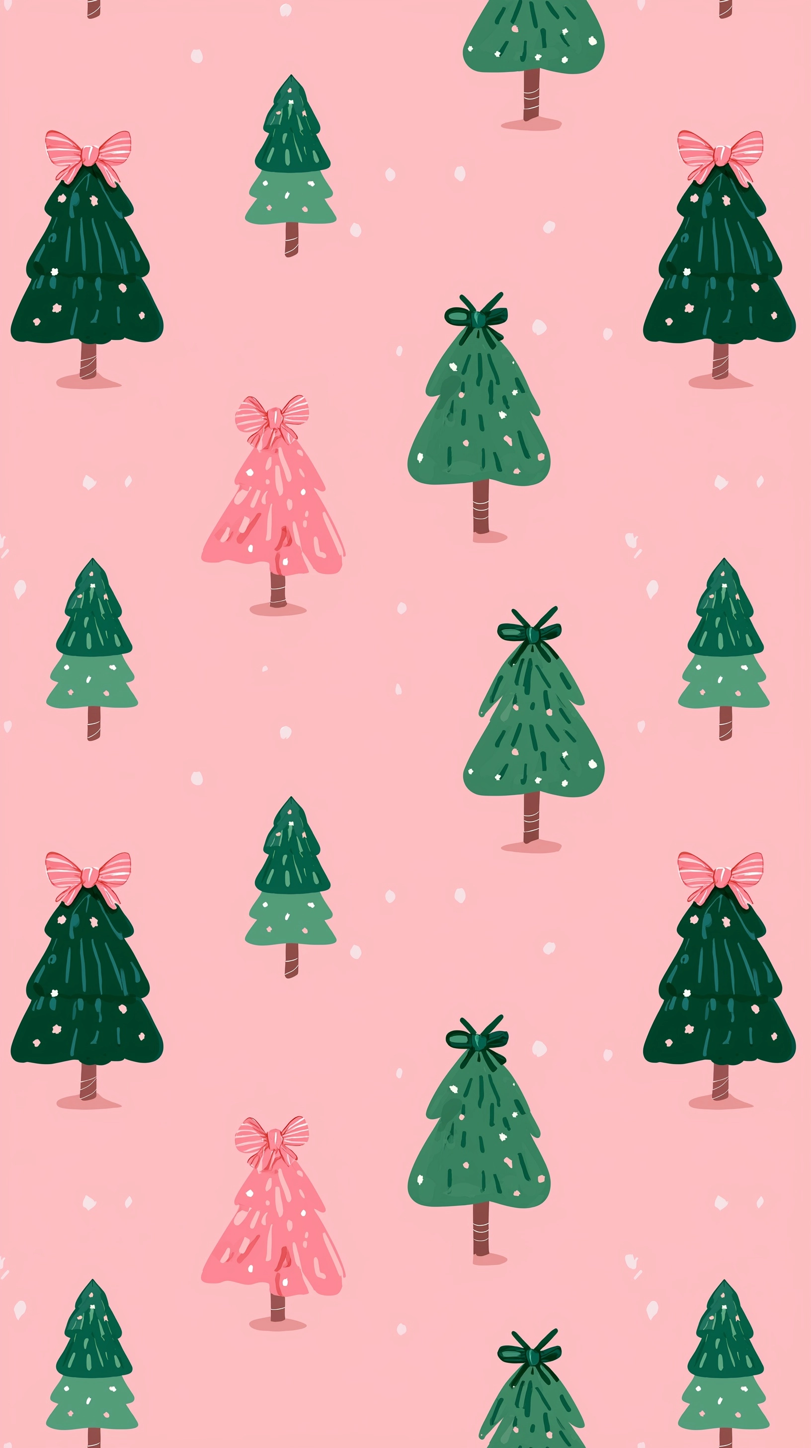 Pink christmas tree pattern with bows, pink background, simple vector illustration, cute style