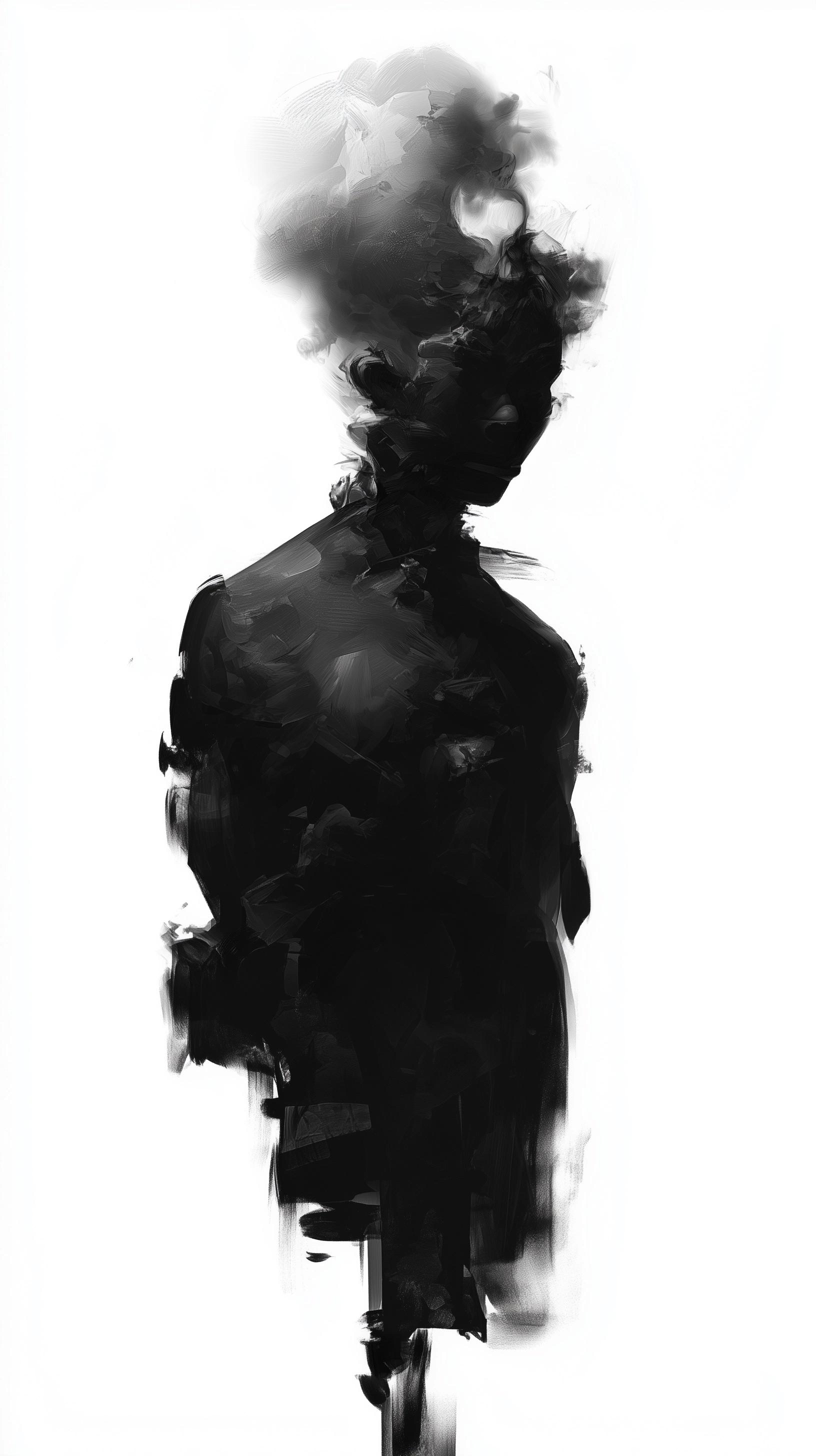 Humanoid figure with head replaced by a soft cloud, cloud expanding and dissolving into air