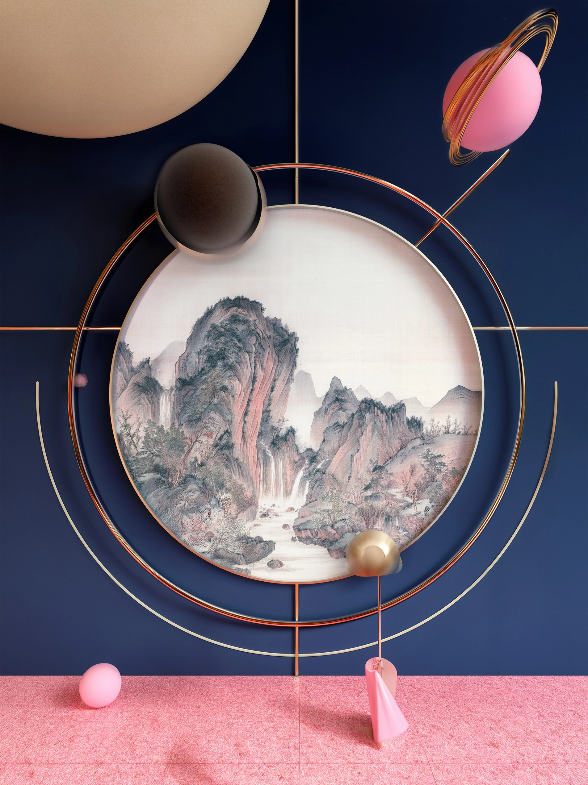 Signals to the universe from Chinese landscape paintings; Chinese painting style; big round