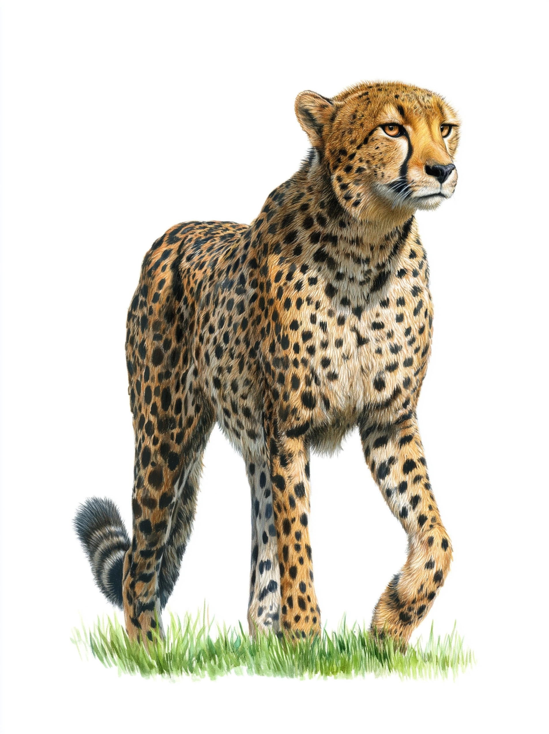 Watercolor pencil drawing of a full-body cheetah, one side view, walking, greeny grass as ground