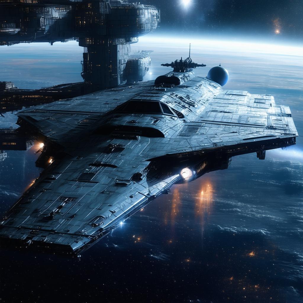 Moody Starship Docking at a Shadowed Station