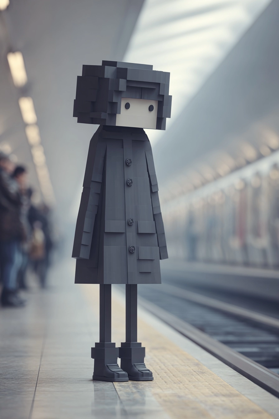 Flat-shape metro sprite, blocky hair silhouette, dot eyes, rectangular coat body