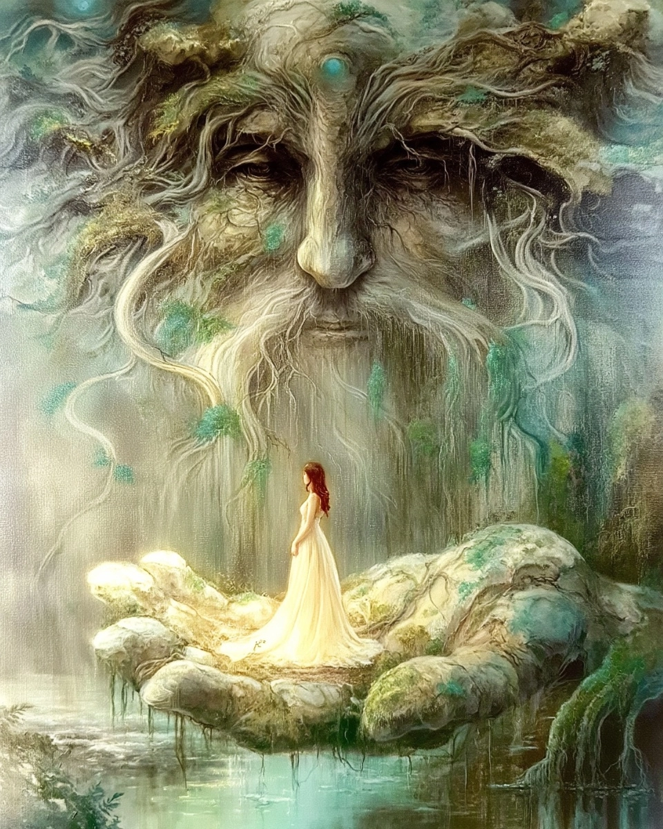 Mythic fantasy painting, a radiant woman in an ivory gown standing in the giant open palm of an anci