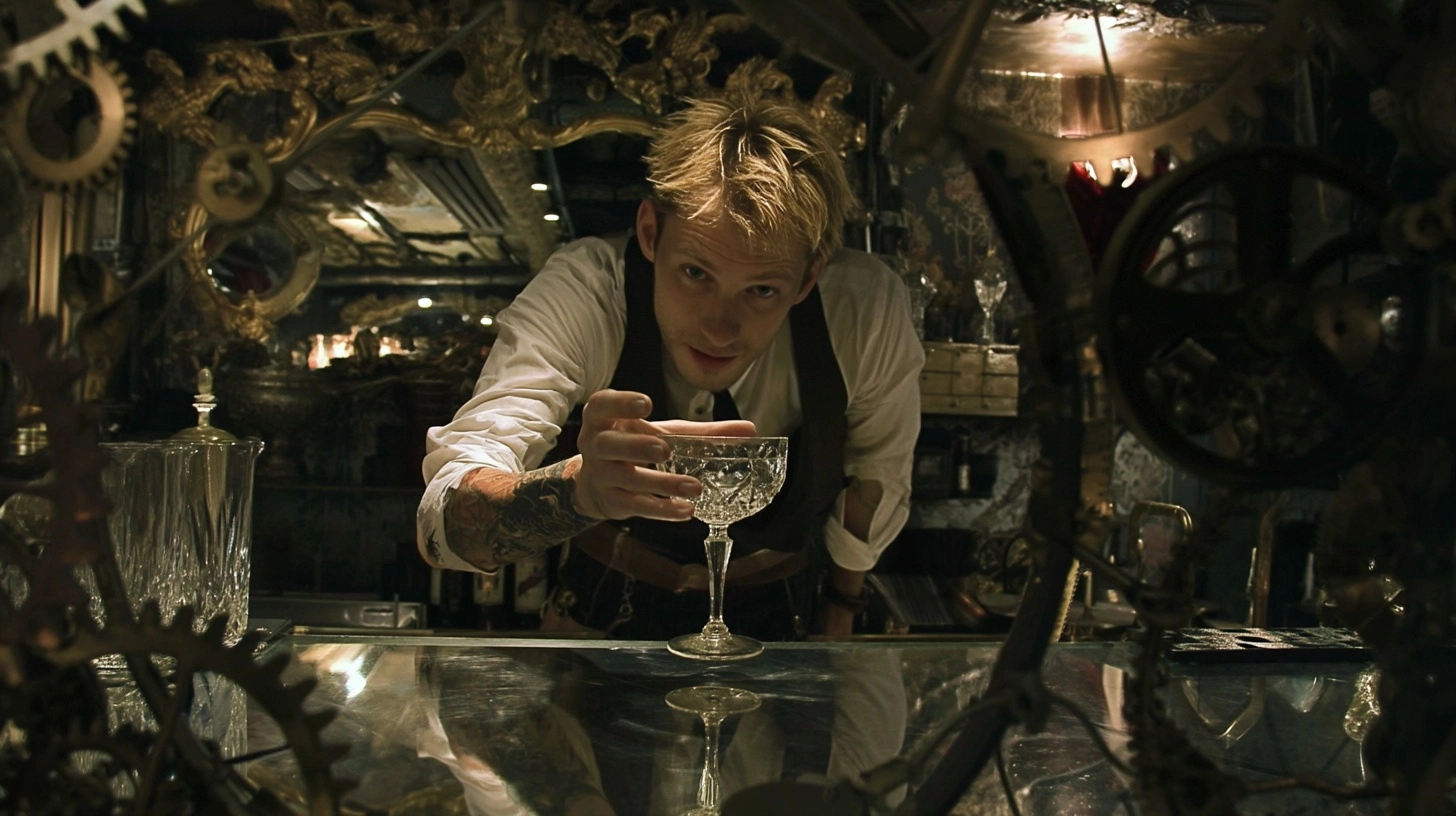 Steampunk Bartender Offering a Cocktail