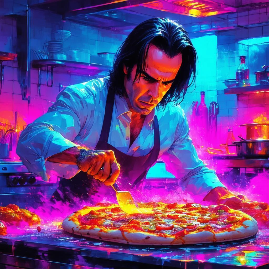 Nick Cave Baking Pizza in Neon Surrealism