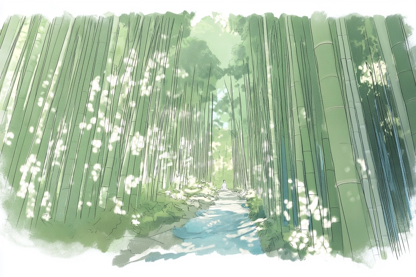 Japanese bamboo forest pathway with tall bamboo surrounding a narrow trail