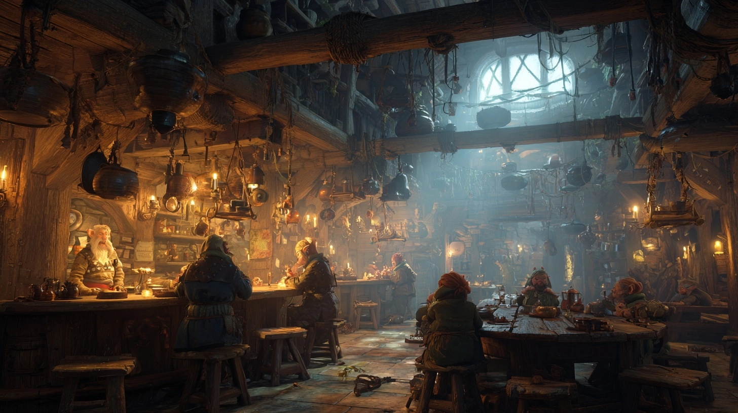 Interior of old smoky tavern, there are gnomes, people, mages and orcs