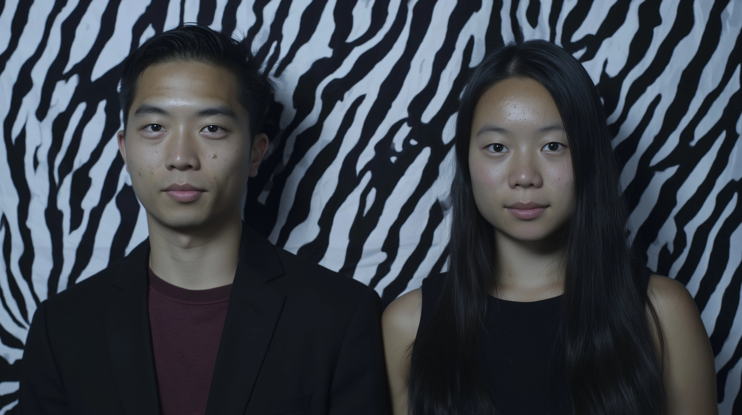 One asian man and one asian woman standing side by side, facing camera, neutral calm expressions
