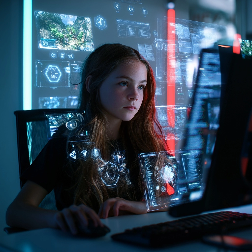 14-year-old girl coding in a bright futuristic workspace, floating holographic icons of Python