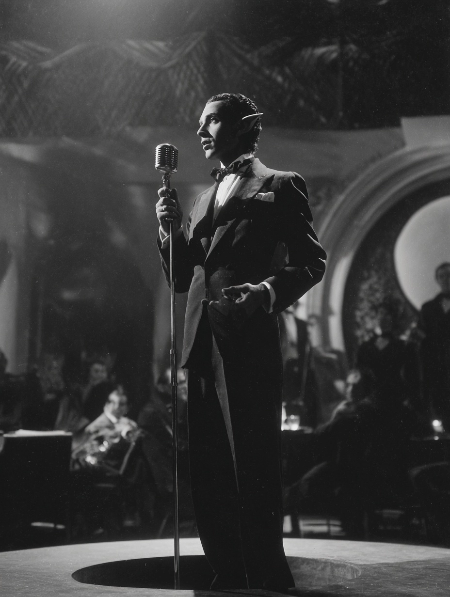 1930s black and white film noir movie still shot. Classy brown skin elf male singer on stage. Dark w
